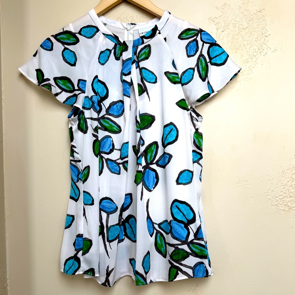 Liz Claiborne White Blouse with Blue and Green Floral Print